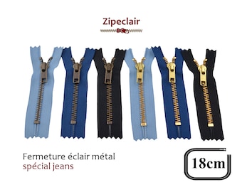 YKK Une fermeture éclair métal de 18 cm spécial jeans, couleur au choix: bleu clair, bleu marine ou noir