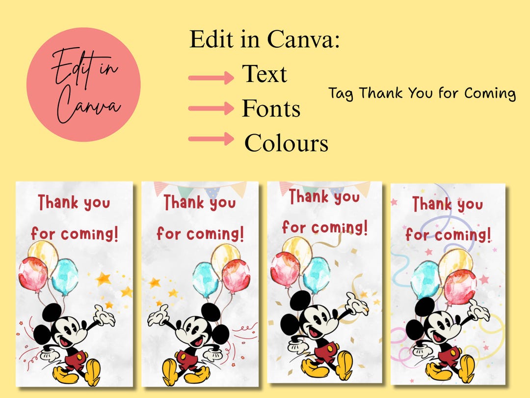 Editable Mickey Mouse Birthday Thank You Tags - Etsy
