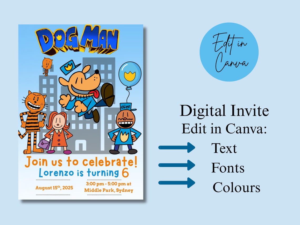Editable Dog Man Birthday Invitation & Tags - Etsy Canada