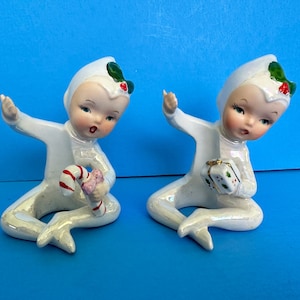 Vintage HF Japan Pixie Elf Candle Huggers Climbers Candy Cane Gift Holly Christmas Figurine Ceramic Lefton Napco Norcrest Holt Howard