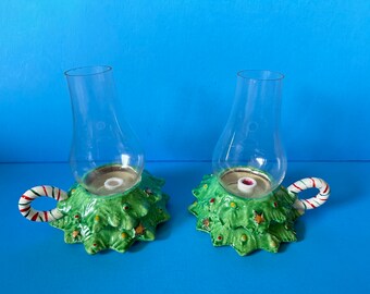 Vintage Rare Napco Christmas Tree Candy Cane Chambersticks Candle Holders Hurricane Lamp Chimney Japan Lefton Norcrest Ucagco