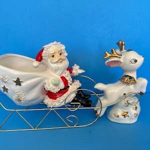 Vintage Ucagco Japan SANTA SLEIGH Flying REINDEER Christmas Figurine Planter Ceramic Napco Lefton Holt Howard Norcrest Spaghetti Trim