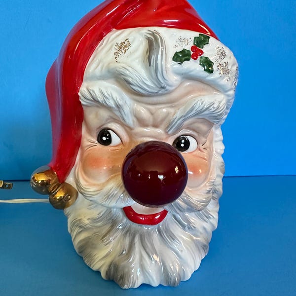 Vintage Relpo Samson Lighted Santa Face Christmas Japan Planter Figurine Ceramic Light Holt Howard Norcrest Napco Lefton Candy Cane Holder