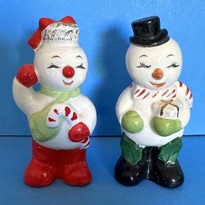 Vintage HTF Snowman Salt & Pepper Shakers Christmas Japan Figurine Candy Cane Ceramic Lefton Napco Norcrest