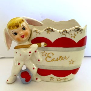 Vintage Rare Norcrest Easter Bunny Girl Painter Planter Japan Figurine Ceramic Napco Lefton Holt Howard HTF