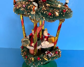Vintage Christmas Musical Pixie Elves Merry Go Round Japan Spun Knee huggers Plays Jingle Bells