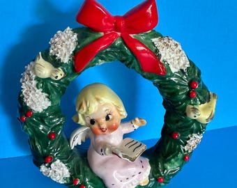 Vintage Norcrest Angel in Wreath Figurine or Wall Plaque Ceramic Japan Napco Lefton Holt Howard Ucagco Rare HTF