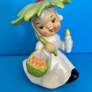 Vintage Ucagco Angel Poinsettia Umbrella Christmas Ceramic Japan Figurine Holds Candle Basket Norcrest Lefton Napco Holt Howard