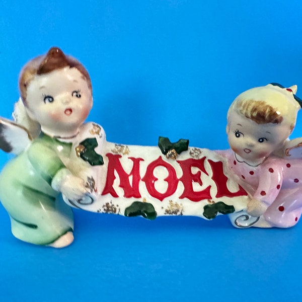 Vintage Lefton Christmas Pajama Girls Angels NOEL Banner Ceramic Figurine Japan Napco Norcrest Holt Howard