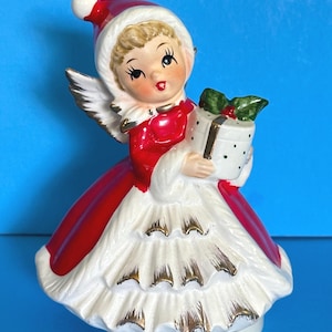 Vintage Lefton Napco Christmas Shopper Girl Angel Music Box Japan Figurine Ceramic Norcrest Holt Howard 6&quot;