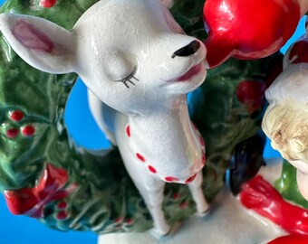 Vintage Napco Christmas Angels Feeding Deer Wreath Figurine