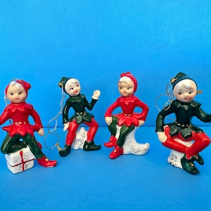 Vintage Japan Set of 4 Pixie Elf Ceramic Christmas Ornaments Figurines Lefton Norcrest Napco Holt Howard