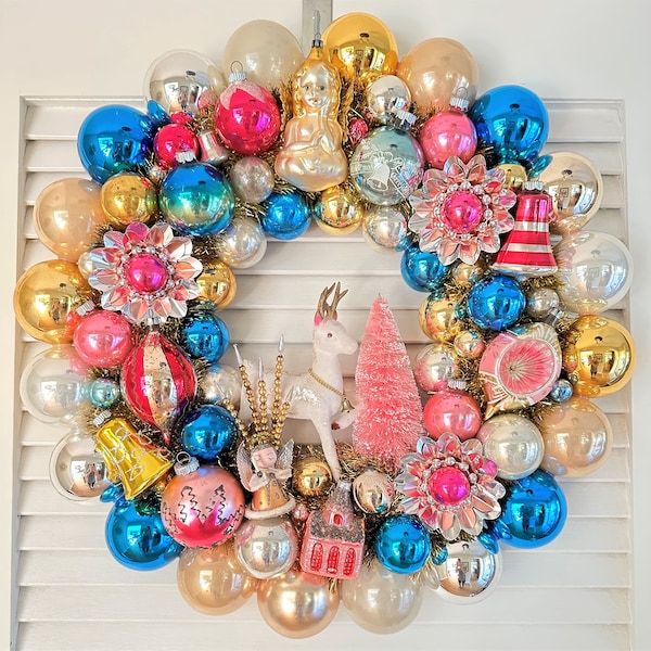 Vintage Christmas Ornament Wreath PASTEL PINK Blue Mid Century Modern Retro Shiny Brite Mercury Glass Felt Deer OOAK 19"