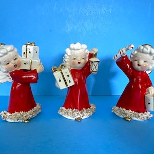 Vintage Fine A Quality Angel Shopper Girl Trio Christmas Figurine Japan Ceramic Spaghetti Trim Napco Lefton Norcrest Holt Howard Ucagco