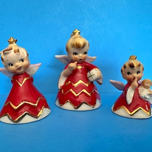 Vintage Lefton Naughty Angel Bell Trio Sisters Ornaments Christmas Japan Figurine Ceramic Napco Norcrest Holt Howard