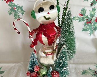 Christmas Snowlady Snowman Assemblage Holiday Decor Spun Satin Candy Cane Bottle Brush Tree Mercury Glass Spikes Feather Ornaments Mushrooms
