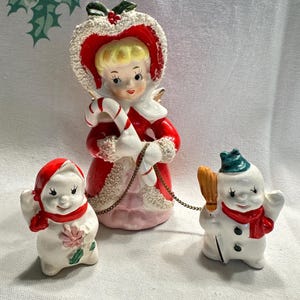 Vintage Tilso Shopper Girl with Chained Snowman Babies Japan Figurine Ceramic Spaghetti Trim Candy Cane Lefton Napco Norcrest Holt Howard