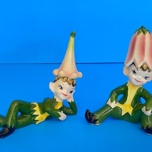 Vintage Norcrest Big Flower Green Pixie Elf Pair Ceramic Japan Figurines Garden Lefton Napco