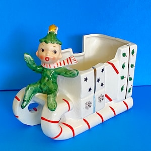 Vintage Holly Tree Boy Christmas Pixie Candy Cane Sleigh Planter Japan Figurine Ceramic Napco Lefton Holt Howard Norcrest