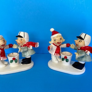Vintage Enesco Christmas Snow Kids Boy Girl Candle Holders Japan Figurine Ceramic Napco Lefton Holt Howard Norcrest