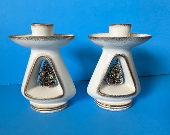 Vintage Holt Howard 1960 Christmas Candle Holders Mid Century Retro Atomic Japan Ceramic Bottle Brush Trees