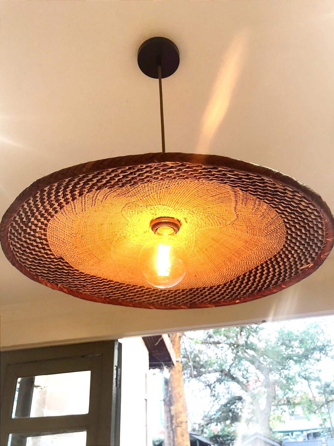 Woven Pendant Light With Cord, Basket Hanging Lamp, Woven Pendant Lamp