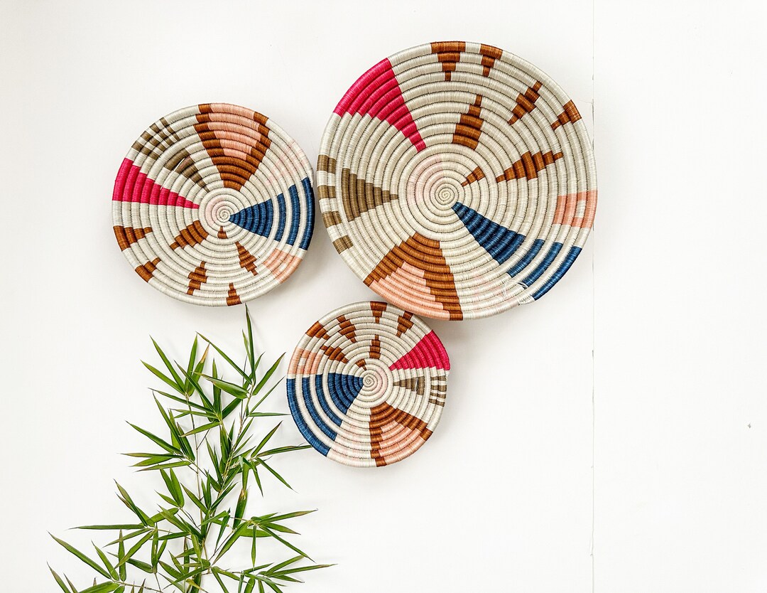 Assorted Wall Basket Set of 3 Colorful Basket Wall Decor Wall Art, Rwanda Basket, Woven Wall