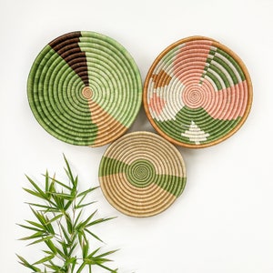 Wall Basket Green Set of 3, Rwanda Wall Baskets, Assorted Africa Wall Basket, Wall Hangings, Boho Decor