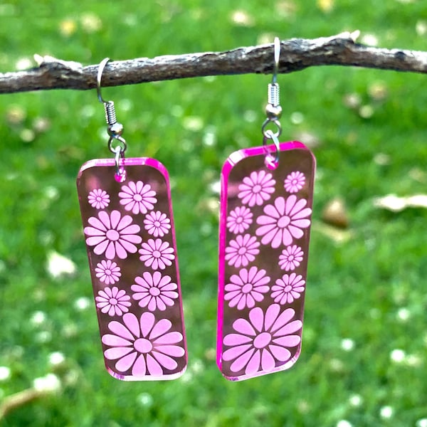 Retro Pink Rectangle Earrings with Etched Daisies - 60's 70's - Laser Cut in Translucent Acrylic - Original Design