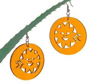 Sun and Moon Earrings - Yellow Transparent Acrylic Earrings - Laser Cut Statement Earrings