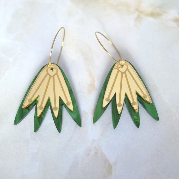Green and Gold Fuchsia Hoop Earrings - Laser Cut Acrylic