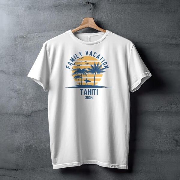 Family Vacation Tahiti 2024 T-Shirt, Tropical Beach Sunset Graphic Tee, Summer Holiday Travel Shirt, Palm Tree Silhouette Top