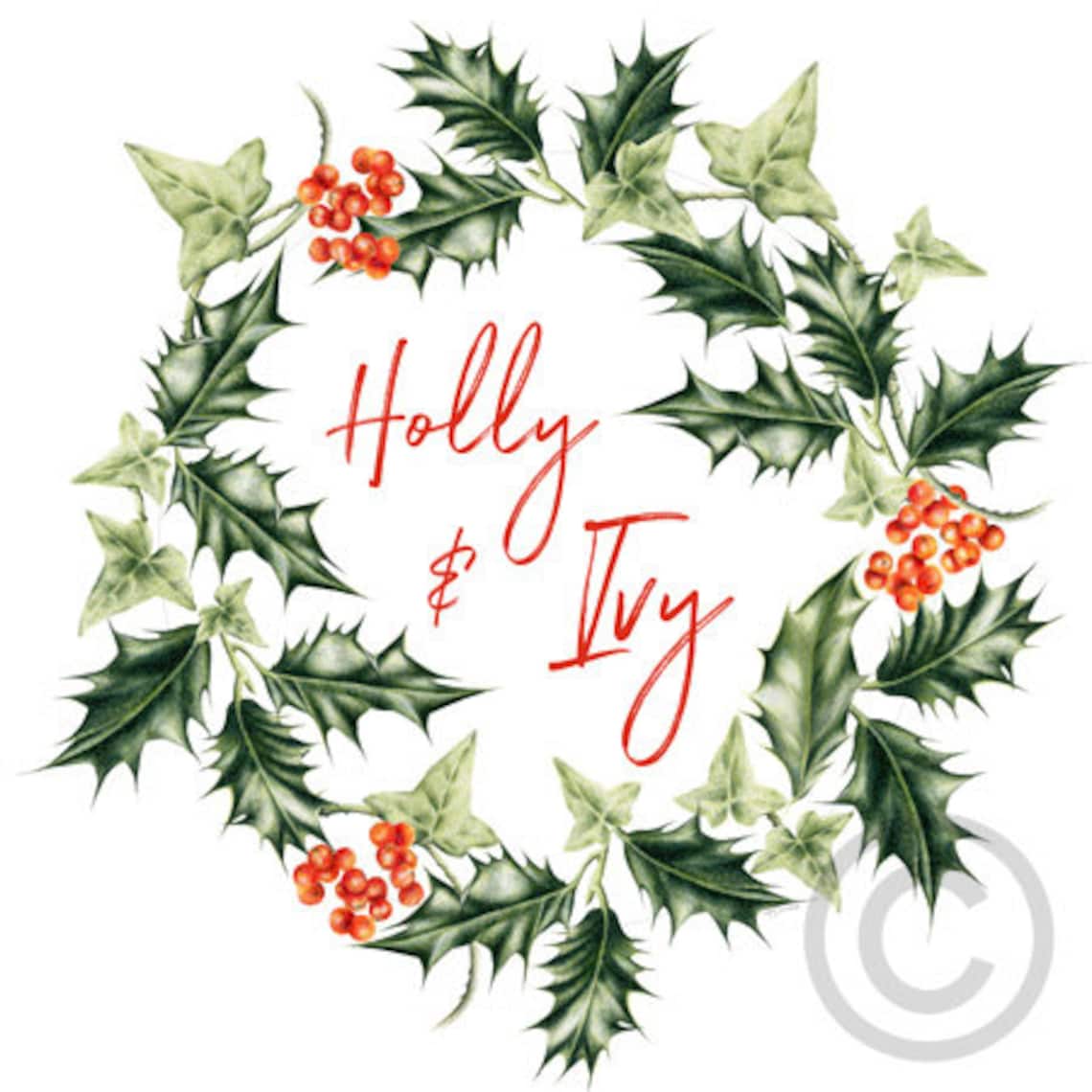 Christmas Holly and Ivy Wreath, Art Print, Botanical Wall Art, the