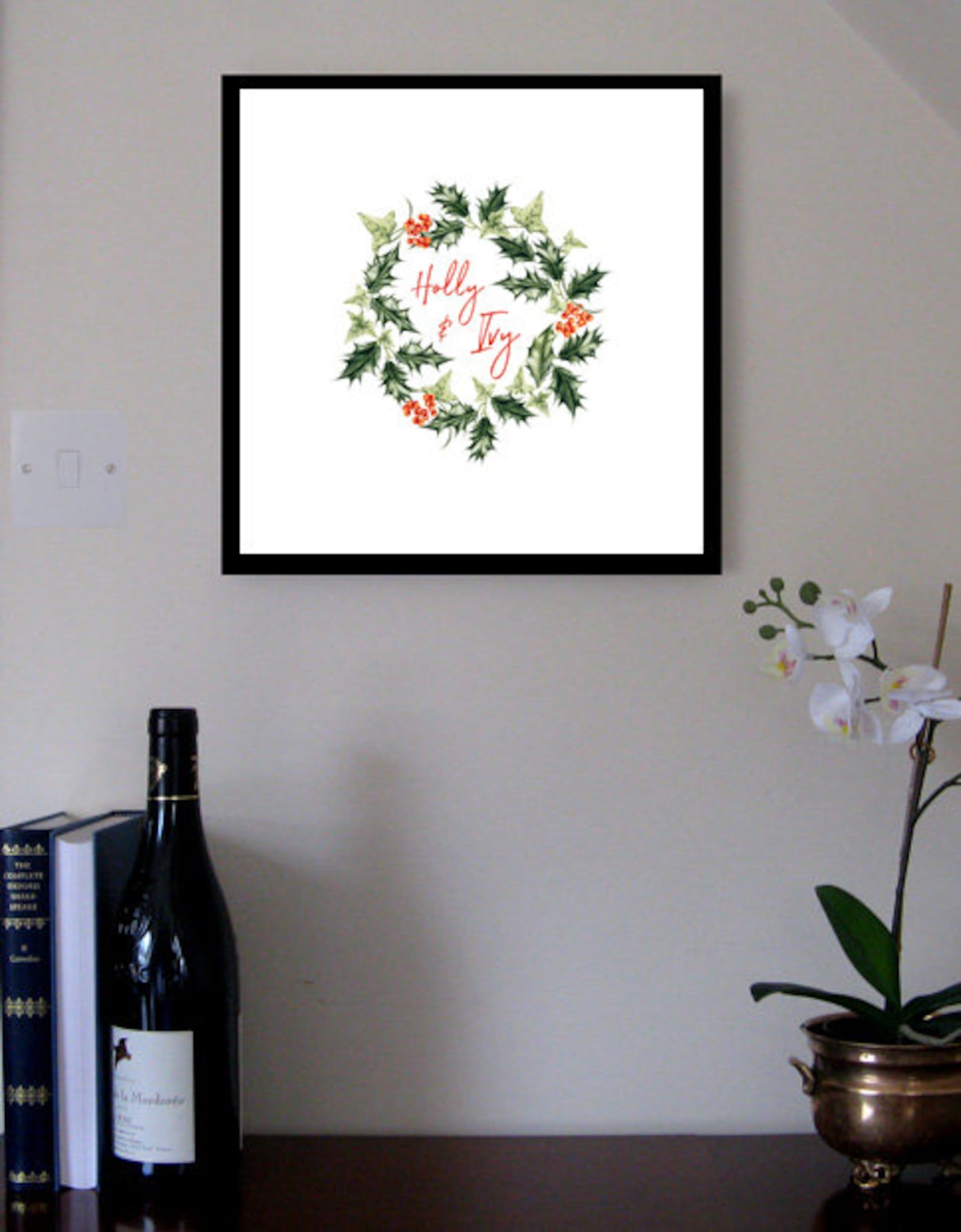 Christmas Holly and Ivy Wreath, Art Print, Botanical Wall Art, the
