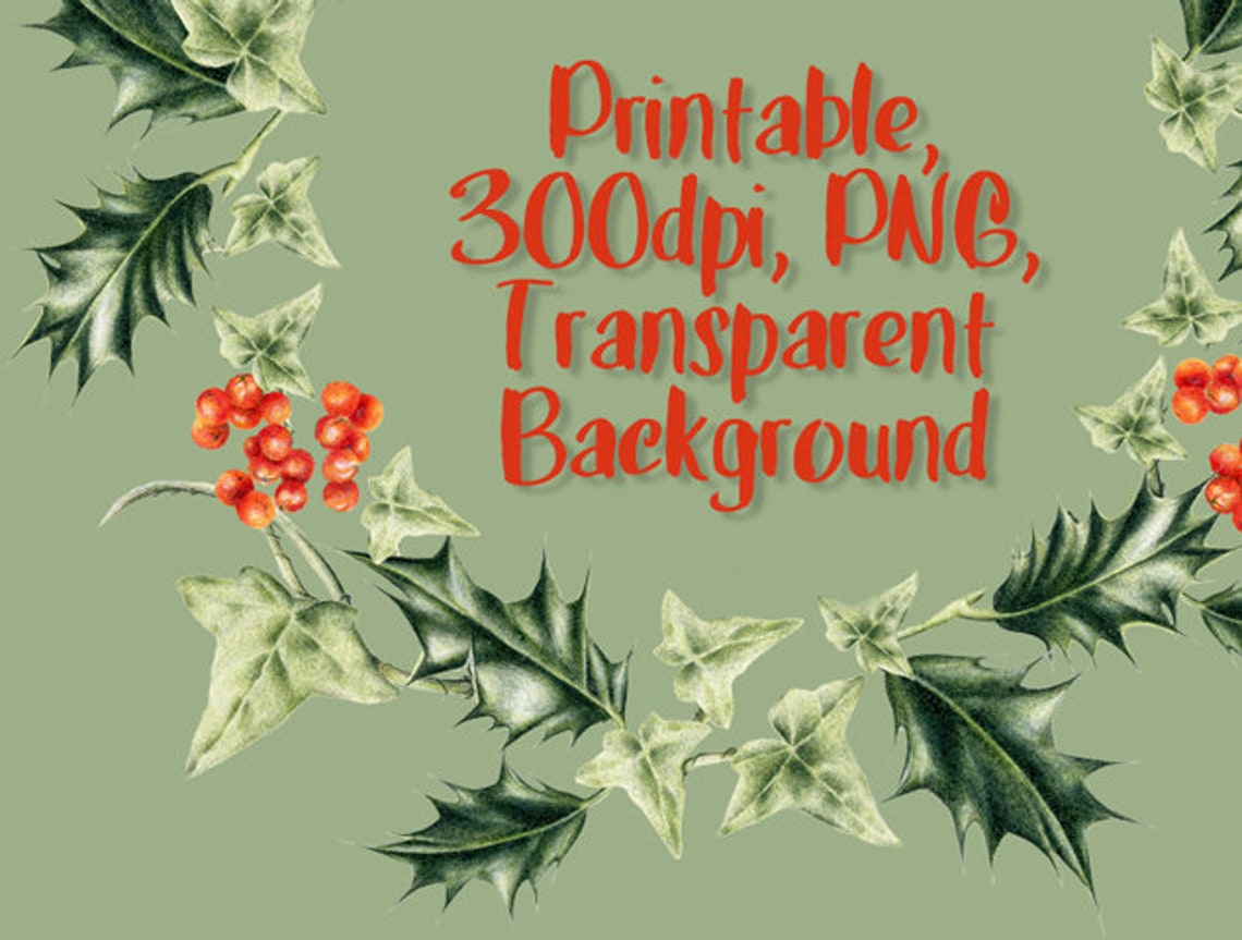 Printable Christmas Wreath, Holly and Ivy Wreath, Christmas Digital