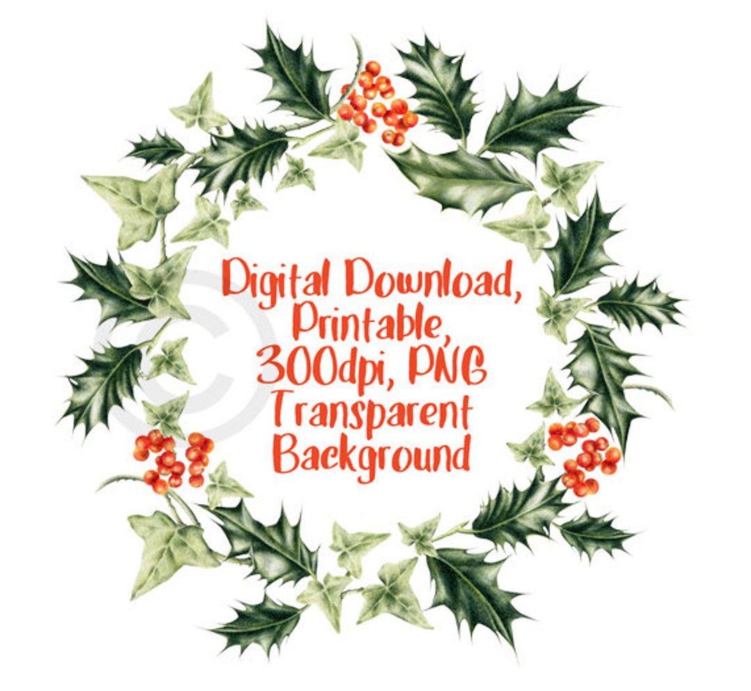 Printable Christmas Wreath, Holly and Ivy Wreath, Christmas Digital