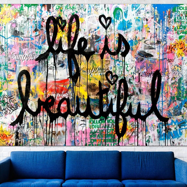 Mr Brainwash Canvas, Mr Brainwash Wall Art, Mr Brainwash Print, Graffiti Canvas Art, Mr Brainwash Pop Art, Life is Beautiful Large Wall Art