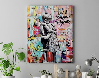 May include: A colorful painting of two children hugging, with the words "I will love you forever" in black text. The background is a collage of various images and patterns, including butterflies, flowers, and brand logos.