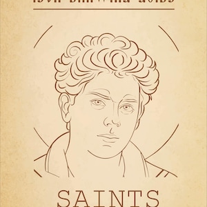 May include: A book cover with the title "ICON DRAWING GUIDE" in brown text. Below is a line drawing of a person's face, and the title "SAINTS" is below the drawing. The text "12 Proportional Studies for Iconographers" is at the bottom.