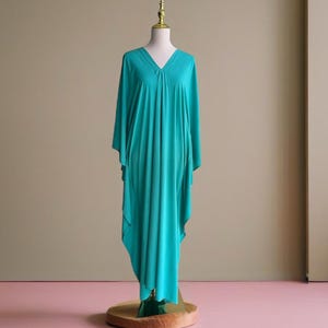 Turquoise Rayon Kaftan Dress: Indonesian Resort Beach Cover-Up