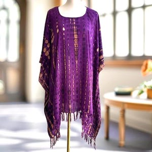 0163/ Tie Dye Rayon Poncho with Fringe, Plus Size Kaftan, Purple Top, Women, Caftan