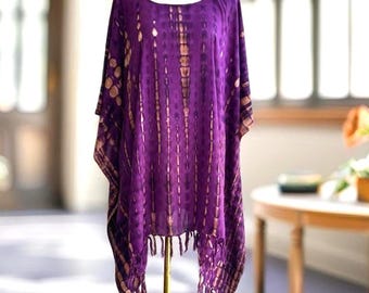 0163/ Tie Dye Rayon Poncho with Fringe, Plus Size Kaftan, Purple Top, Women, Caftan