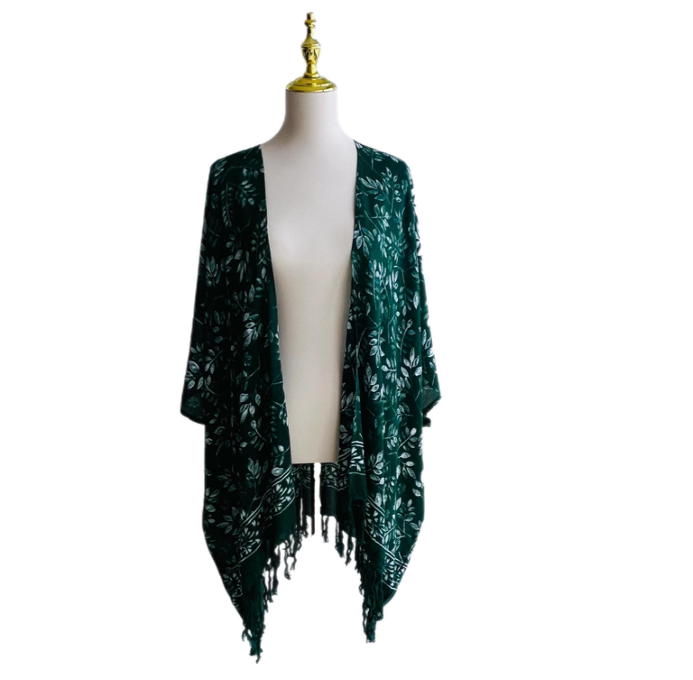 Green Rody 0101/ Dark Green White Leaves Outer Cardigan With Fringes, Cardigan ...