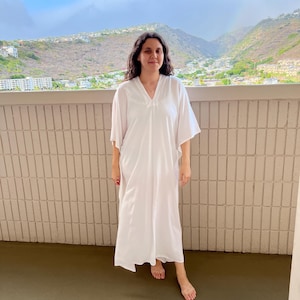 White Rayon Caftan Dress: Long, Loose Resort Gown with Belt