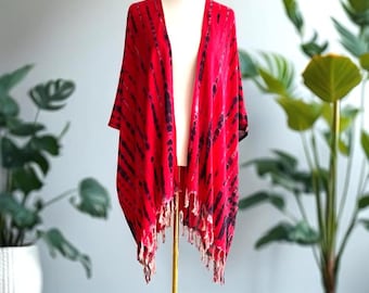 0166/ Oversized Tie Dye Rayon Kimono with Fringes: Boho Beach Cover-Up, Red Black Tie Dye Outer
