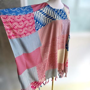 0073/ Batik Patchwork Poncho with Fringe, Rayon Beach Cover-up, Boho Summer Dress, Loose Fit, Plus Size