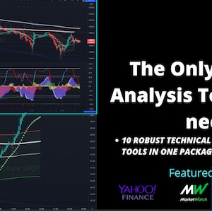 May include: A black and white image with a graphic of a trading chart. The text "The Only Trading Analysis Tool-Kit you need!" is in white text on a black background. The text "• 10 ROBUST TECHNICAL ANALYSIS SOFTWARE TOOLS IN ONE PACKAGE FOR TRADINGVIEW" is in white text on a black background. The text "Featured on" is in white text on a black background. The logos for Yahoo! Finance, MarketWatch, and Benzinga are displayed below the text.