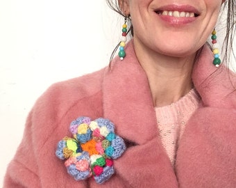 Flower brooch, crochet, textile jewelry