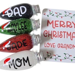Personalized Glitter Light Bulb Christmas Ornament – Custom Name with Santa Hat – Shatterproof Holiday Ornament Gift