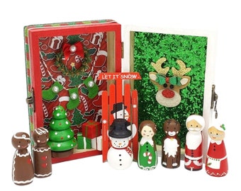 Personalize Christmas Peg Dolls, Christmas Gift Set, Wood Dolls, Wood Peg Dolls, Travel Wood Dollhouse, Christmas Decor Keepsake Box Set